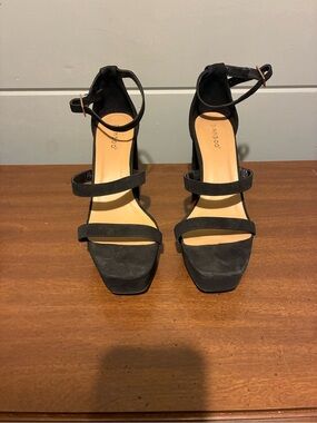 BAMBOO Black Triple-Strap Block Heel Sandals